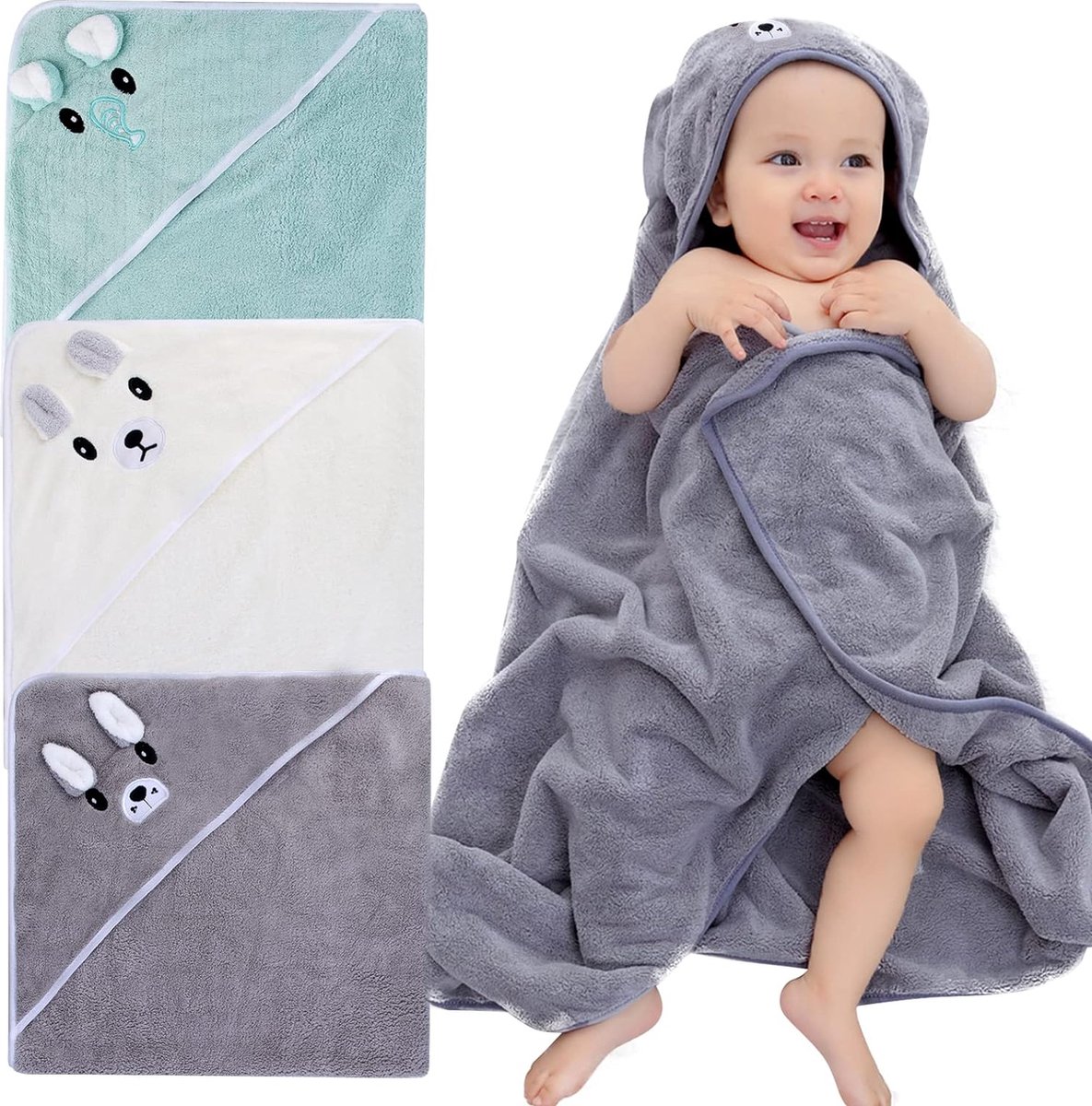 Babybadhanddoek, capuchonbadhanddoek, 3 stuks, 80 x 80 cm, badhanddoek met capuchon, voor baby's van 0 tot 3 jaar
