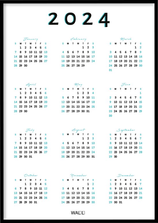 Affiche Calendrier annuel bleu 2024 - Affiche calendrier - 30x40 cm - Hors  cadre - WALLLL