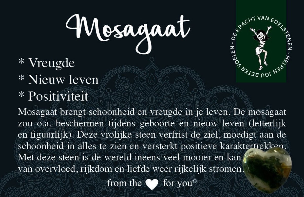 Edelsteen Mosagaat - hartje 2cm groot - leuk cadeau - brengt vreugde en positiviteit - met betekeniskaartje
