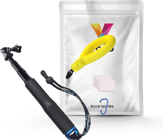 Zwarte selfiestick met anti-slip grip en een gele drijvende polsband, naast een verpakking met accessoires.