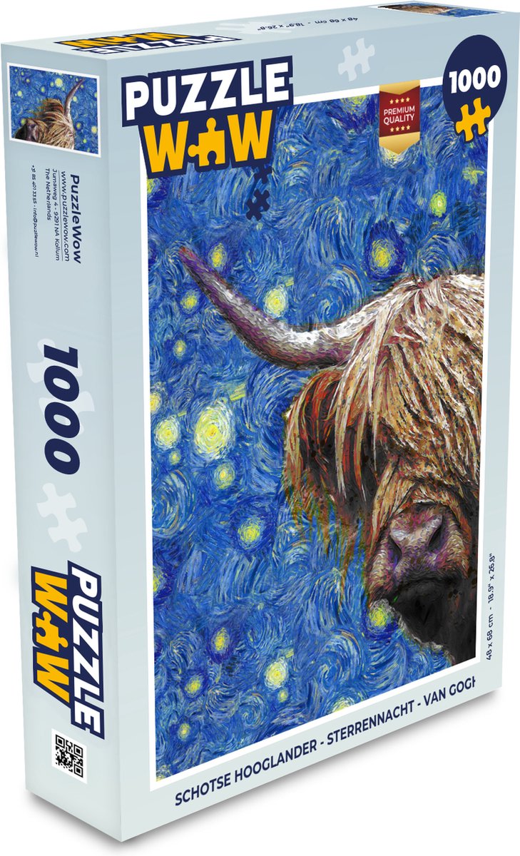 Puzzel Schotse hooglander - Sterrennacht - Van Gogh - Legpuzzel - Puzzel 1000 stukjes volwassenen