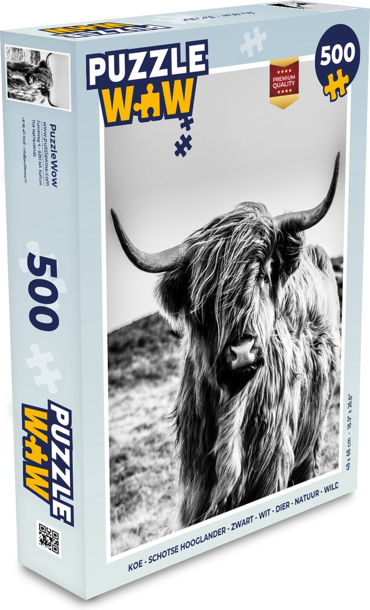 Puzzel Koe - Schotse hooglander - Zwart - Wit - Dier - Natuur - Wild - Legpuzzel - Puzzel 500 stukjes