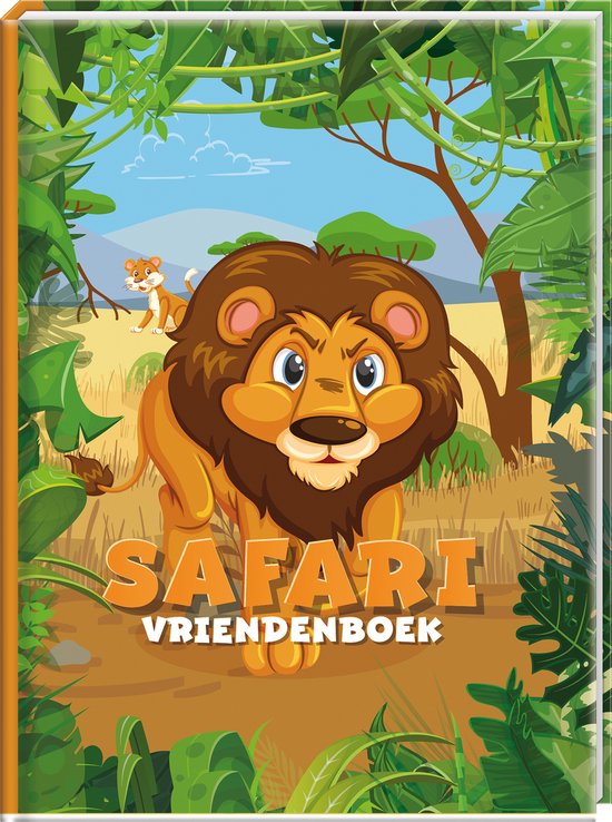Vriendenboekje met een leeuw op de voorgrond en een tijger op de achtergrond, omringd door tropisch groen. Tekst: SAFARI VRIENDENBOEKJE.