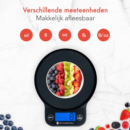 KitchenBrothers Keukenweegschaal - Weegschaal Keuken Digitaal - 1 g tot 6 kg - Tarra Functie - Zwart