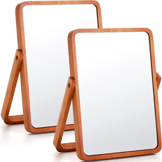 2 Pieces Table Makeup Mirror, Wooden Table Cosmetic Mirror, Desk Folding Mirror, 10 Inch Portable Folding Table Stand Mirror, Wall Hanging Small Mirror with Wooden Frame, 360° Adjustable