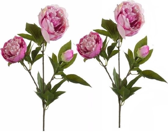 2x Kunstbloem pioenrozen kunsttakken 70 cm roze - Nepplanten/kunstplanten