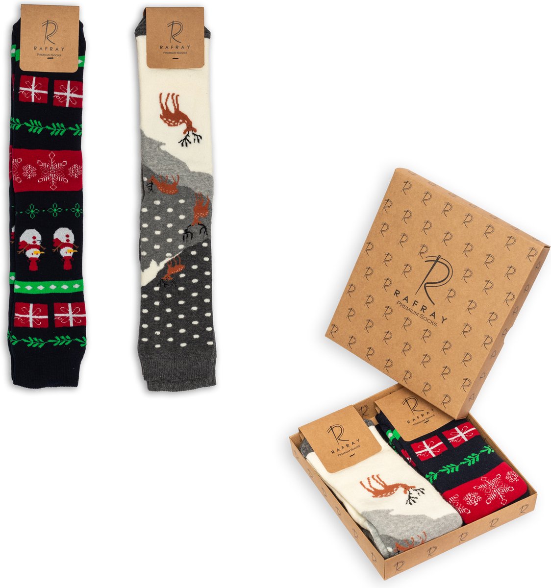 RAFRAY Sokken - Warme Lange Wintersokken voor Dames - Giftbox - Kerstsokken - Navy Snowman & Deer - Premium Katoen - 2 Paar - Maat 36-40