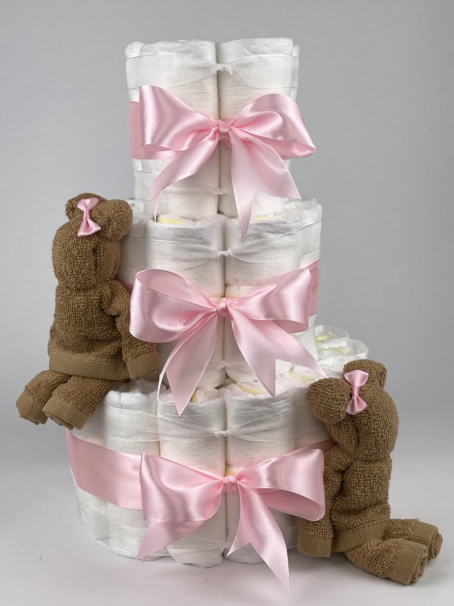 Chouette-Chouette | Luiertaart Meisje | Kraamcadeau | Geboorte Meisje | Babyshower | Beren Sand - Roze