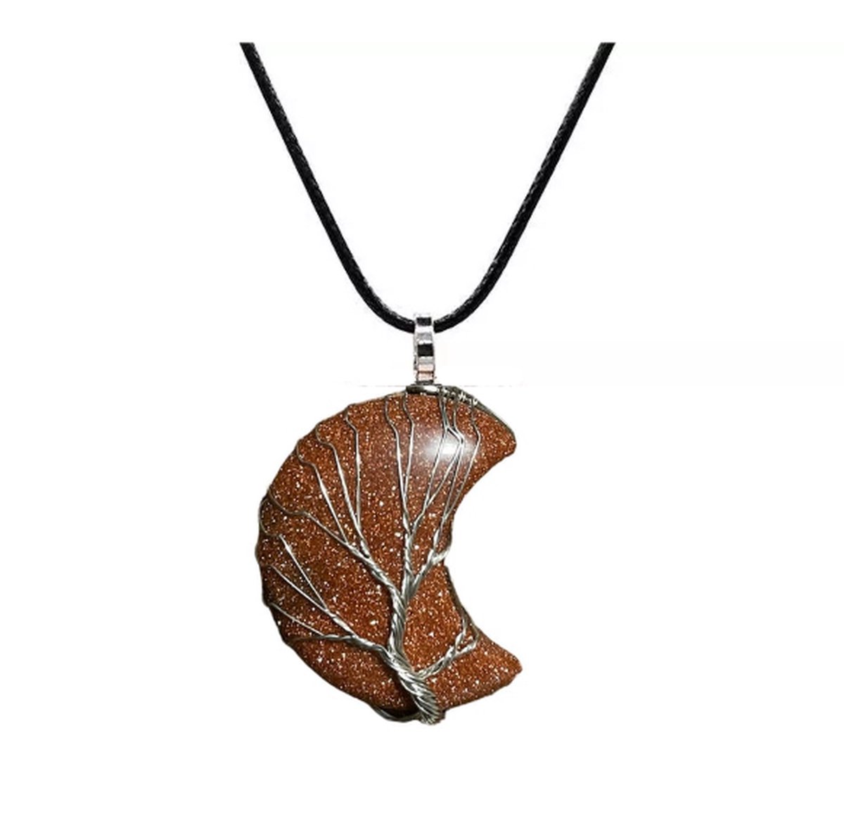ASTRADAVI Kristal Halve Maan - Hanger - Positieve Energie Chakra Kristal Edelstenen - Zilverkleurige Kooi - met Zwart Vegan Lederen Koord - Zonnesteen - Cadeau Idee