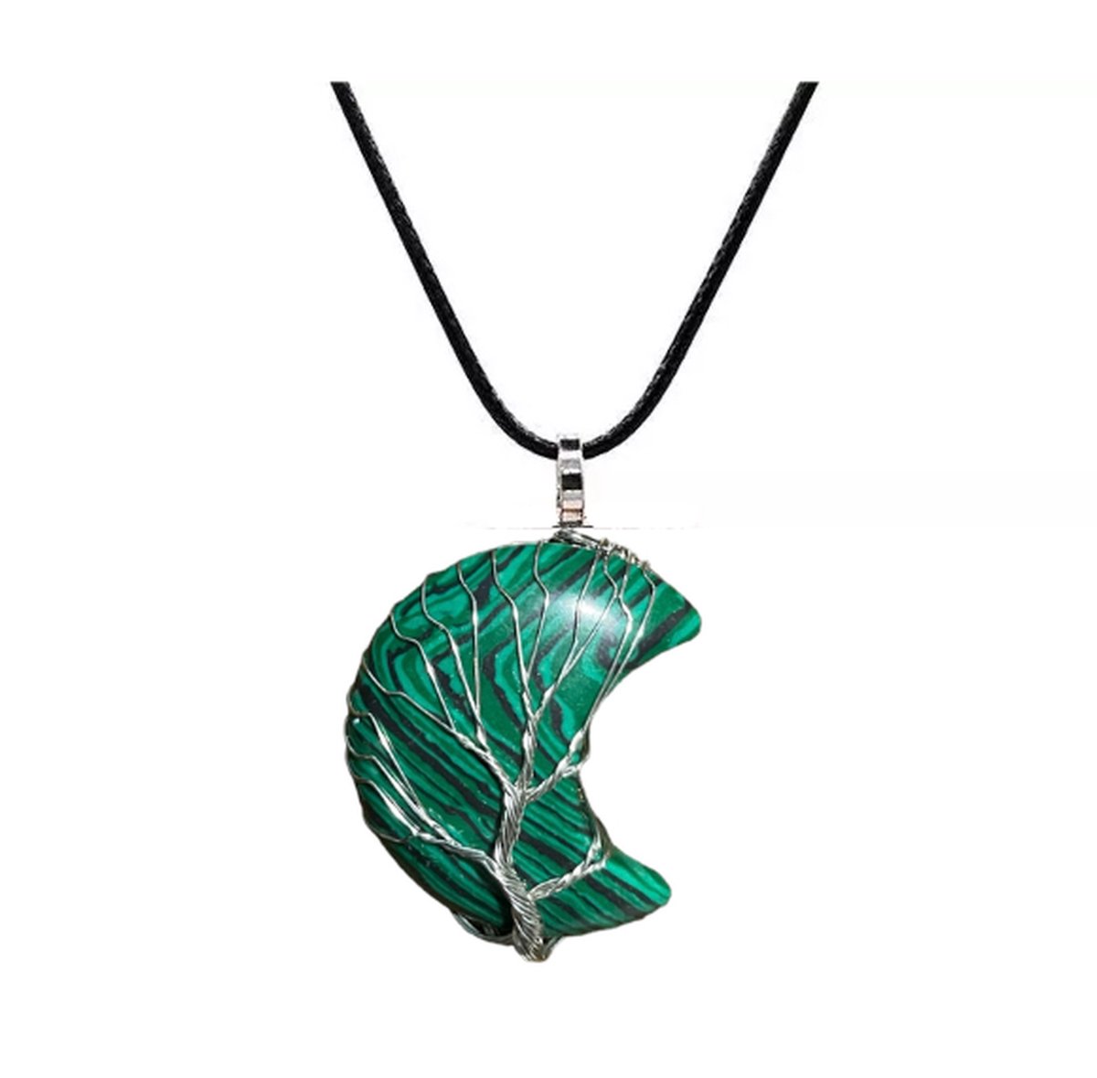 ASTRADAVI Kristal Halve Maan - Hanger - Positieve Energie Chakra Kristal Edelstenen - Zilverkleurige Kooi - met Zwart Vegan Lederen Koord - Malachiet - Cadeau Idee