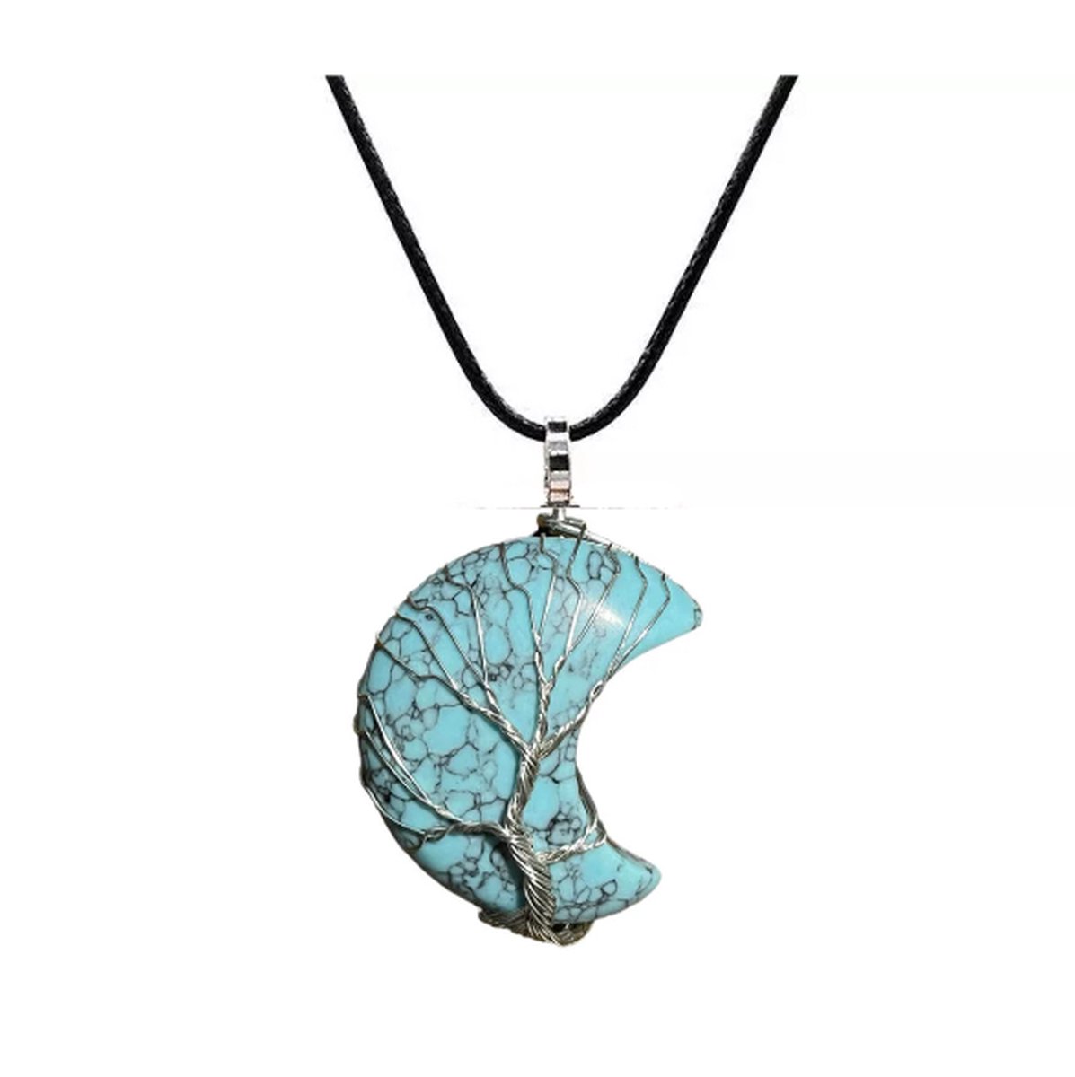 ASTRADAVI Kristal Halve Maan - Hanger - Positieve Energie Chakra Kristal Edelstenen - Zilverkleurige Kooi - met Zwart Vegan Lederen Koord - Turkoois - Cadeau Idee