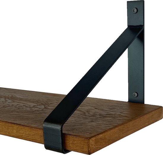 GoudmetHout - Massief eiken wandplank - 180 x 25 cm - Donker Eiken - Inclusief industriële plankdragers MAT BLANK - lange boekenplank