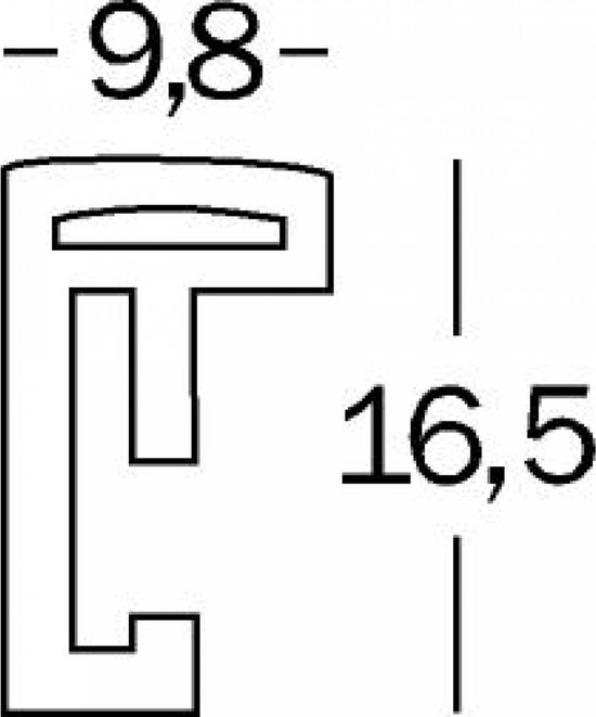 Profieltekening van een zwarte fotolijst met afmetingen 9,8 mm en 16,5 mm.