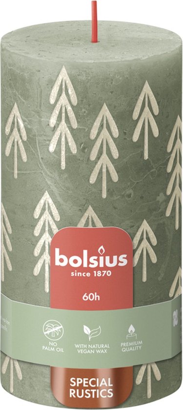 Bolsius Rustiek printed stompkaars 130/68 Fresh Olive