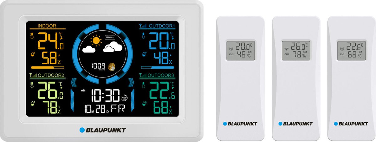 Blaupunkt - Weerstation met hygrometer / luchtdruk / voorspelling - 3 sensoren - Wit