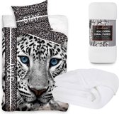 Dekbedovertrek Luipaard- Snow Cheeta- 140x200cm- Katoen- incl. grote Witte Fleece deken 150x200cm! warm!