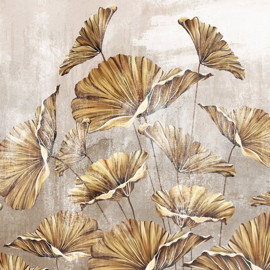 Fotobehang - Bloemen - Planten - Gouden Bladeren - Betonnen Achtergrond - Vliesbehang - 368x254cm (lxb)