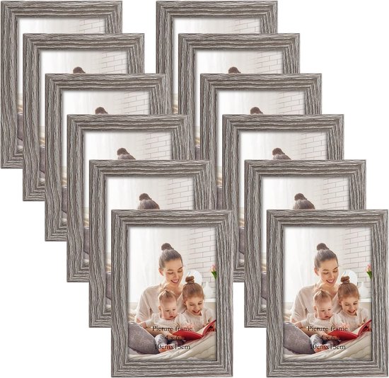 Set van 12 rustieke fotolijsten 10x15 cm, grijze houten fotolijst met houtnerf, collageset voor wand- of tafelstandaard