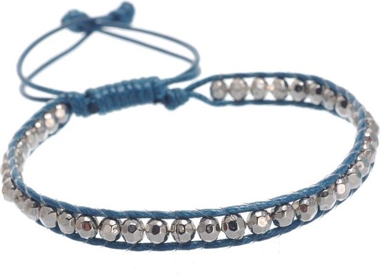 Behave Verstelbaar armbandje blauw met zilverkleurige kraaltjes