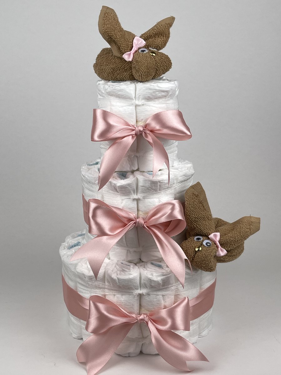 Chouette-Chouette | Luiertaart Meisje | Kraamcadeau | Geboorte Meisje | Babyshower | Konijnen Sand - donker Poeder Roze
