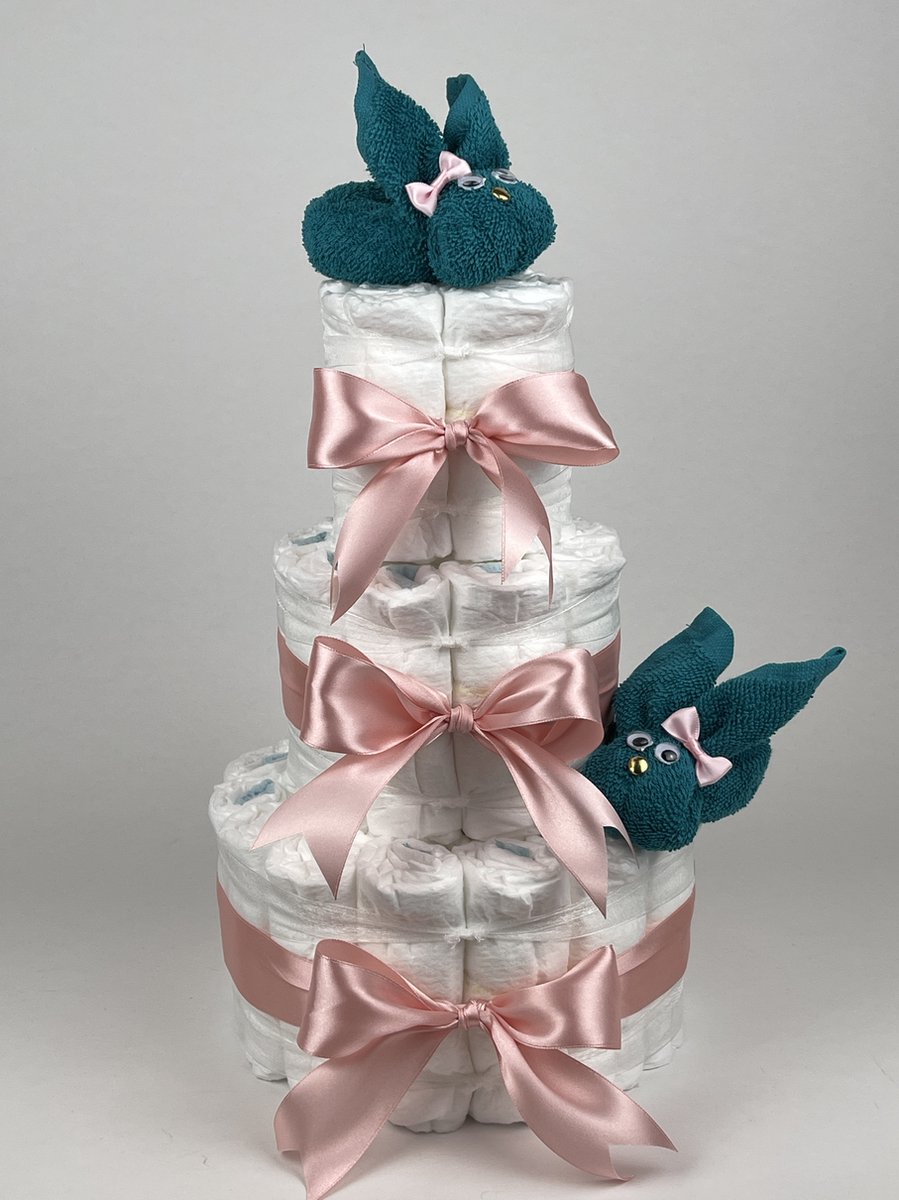 Goedkoopste Chouette-Chouette | Luiertaart Meisje | Kraamcadeau | Geboorte Meisje | Babyshower | Konijnen Lake groen - donker Poeder Roze