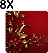 BWK Luxe Placemat - Diep Rode Achtergrond met Rode en Gouden Bloemen - Set van 8 Placemats - 40x40 cm - 2 mm dik Vinyl - Anti Slip - Afneembaar