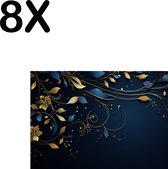BWK Textiele Placemat - Donker Blauwe Achtergrond met Gouden Bloemen - Set van 8 Placemats - 35x25 cm - Polyester Stof - Afneembaar