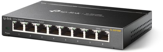 Zwarte TP-Link 8-poorts Gigabit Unmanaged Pro Switch met 8 Ethernet-poorten en een groene "Power"-indicator.