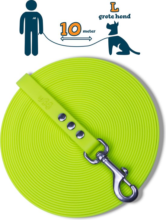 Miqdi lange lijn - BioThane®– neon geel - 10 meter lang – 19mm breed – L/XL – grote hond – sleeplijn - géén handvat