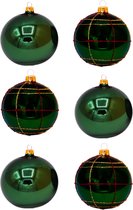 Groene Kerstballen met chique rood en goud glitterlijnen patroon en effen glanzend groen - Doosje met 6 glazen kerstballen
