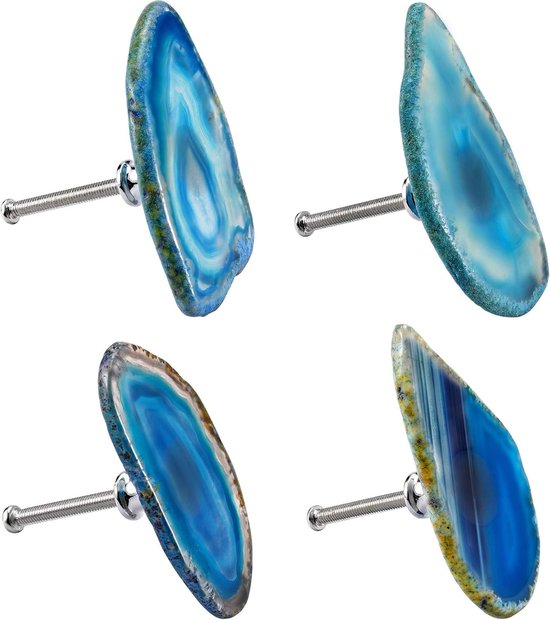 Set van 4 natuurlijke agaat meubelknoppen met schroef meubelknop handgreep kastknoppen voor kastladehandvatten kledingkasttrekhandvat (blauw)