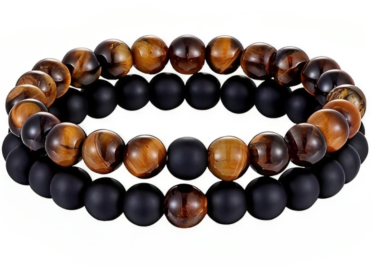 Dubbele Kralen Armband - Natuursteen - Armbanden Heren Dames - Zwart / Tijger Oog Bruin - Papa Cadeau Voor Mannen - Vaderdag