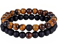 Dubbele Kralen Armband - Natuursteen - Armbanden Heren Dames - Zwart / Tijger Oog Bruin - Vaderdag Cadeau Geschenk - Mannen Cadeautjes Accesoires