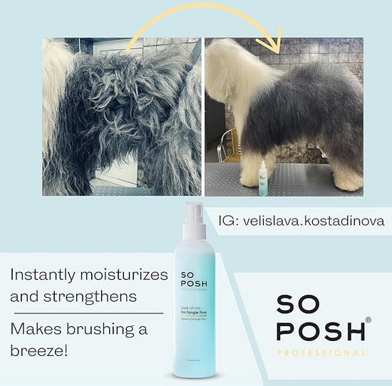 Voor en na foto van een hondenvacht die ontward wordt met de "Look at me, I'm Tangle Free" spray.
