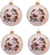 Klassieke Witte Kerstballen met Kerstman en Sneeuwpoppen - doosje van 4 kerstballen van glas 8 cm