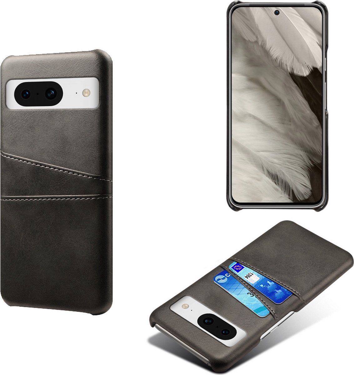 Back Cover met Opbergvakjes + Glas Screenprotector voor Google Pixel 8 _ Zwart