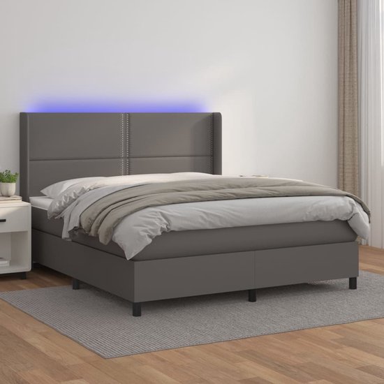 The Living Store Boxspring Bed - Grijs - 203 x 163 x 118/128 cm - Duurzaam kunstleer - Verstelbaar hoofdbord - Kleurrijke LED-verlichting - Pocketvering matras - Huidvriendelijk topmatras - Inclusief montagehandleiding en LED-strips