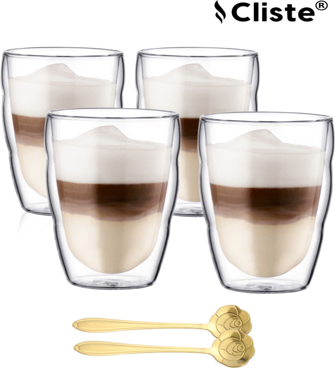 Dubbelwandige Koffieglazen 250ML Set van 4x Met Gratis 4x Lepels - Latte Macchiato Glazen - Set van 4 - Dubbelwandige Cappuccino Glazen - Dubbelwandige Theeglazen - Cappuccino Glazen - Koffieglazen
