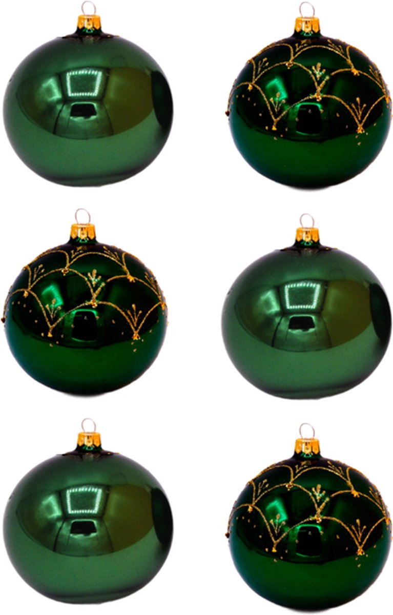 Groene Kerstballen met Stijlvol Goud Glitter Design en effen glanzend groen - Doosje met 6 glazen kerstballen