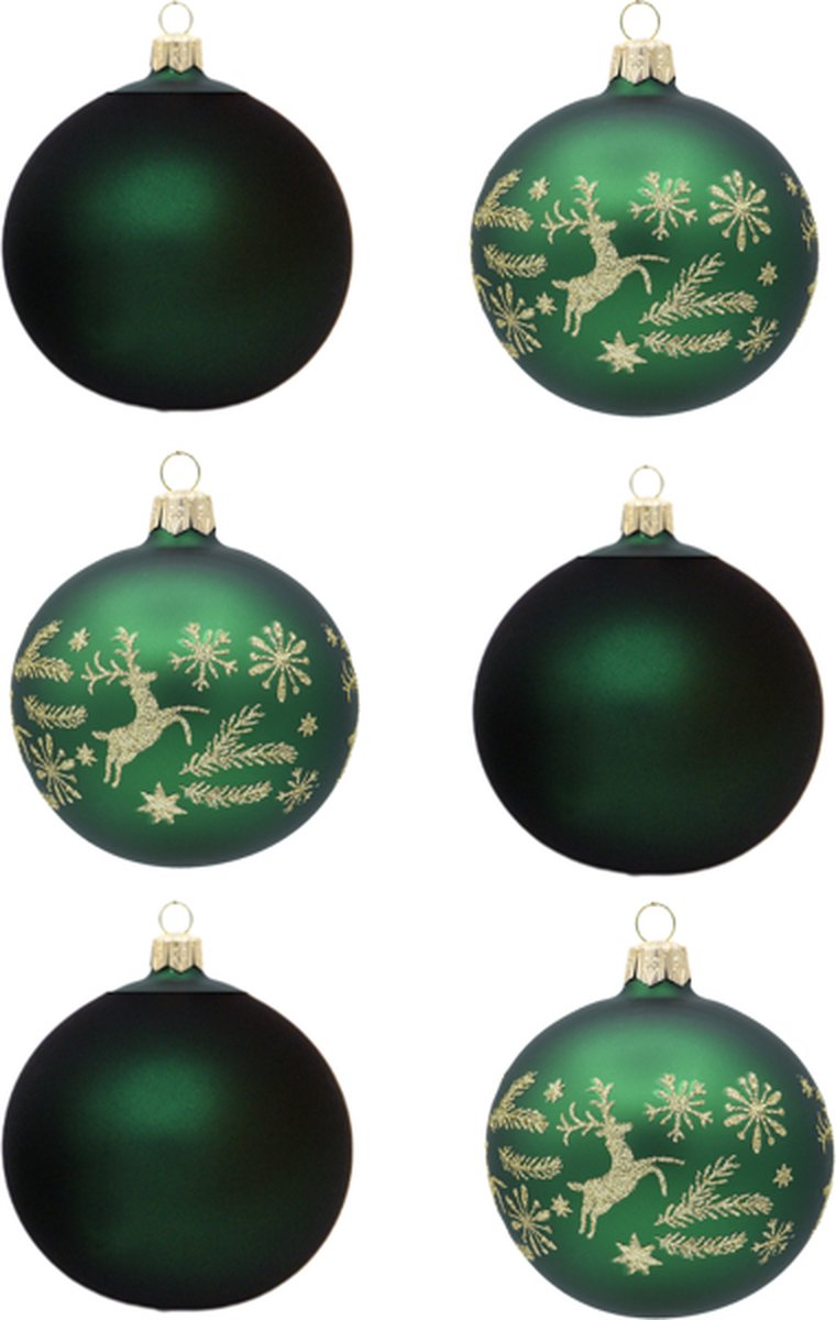 Feestelijke Groene Kerstballen met Kerstpatroon met Hertjes, Sterren en Dennentakken & effen mat groen - Doosje met 6 glazen kerstballen