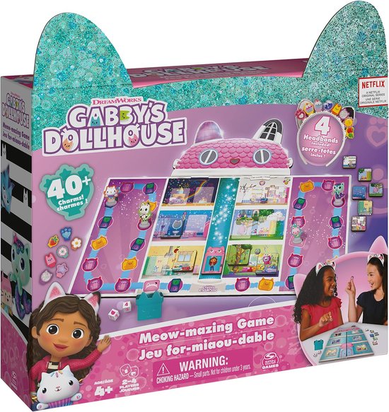 Gabby's Dollhouse - Jeu de société Gabby - avec 4 bandeaux oreilles de chat, Jeux