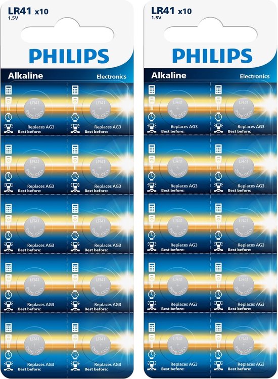 Philips AG3 LR736, LR41, G3, 192, GP92A, 392, SR41W pile bouton alcaline -  20 pièces