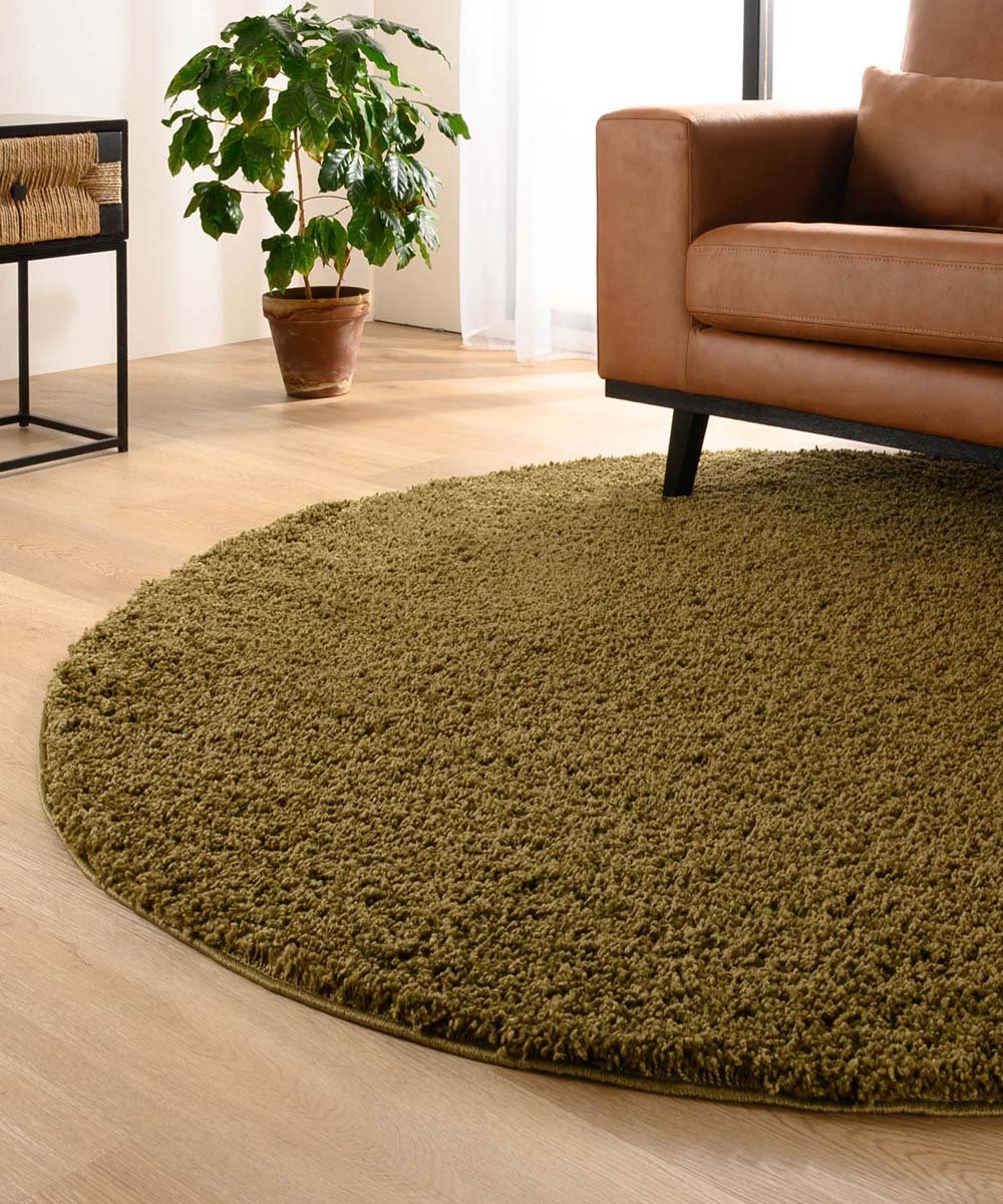 Rond hoogpolig vloerkleed shaggy Trend effen - olijfgroen 160 cm