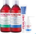Set Perio-Aid met twee flessen rode mondspoeling en een witte flesje mondspray.