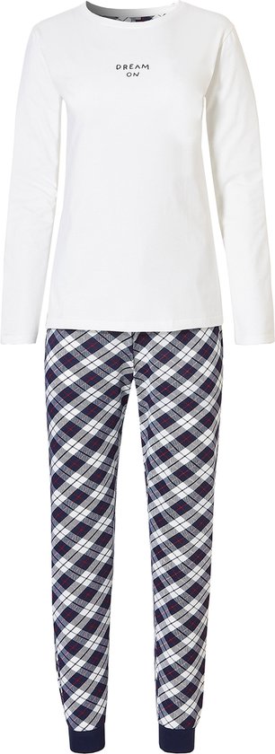 By Louise Essential Dames Pyjama Set Lang Katoen Geruit Wit Dream On - Maat XXL