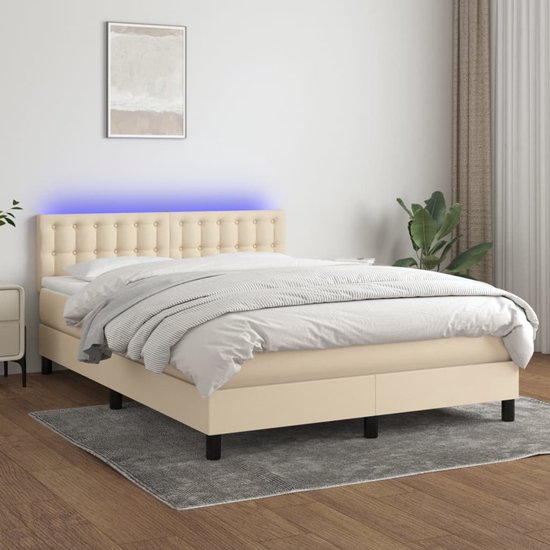 The Living Store Boxspring - LED - Crème - 140 x 190 cm - Pocketvering matras - Huidvriendelijk topmatras