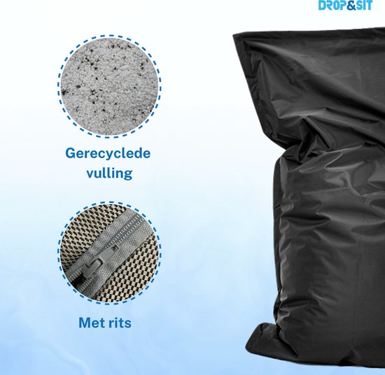 Zwarte zitzak met gerecyclede vulling en rits.