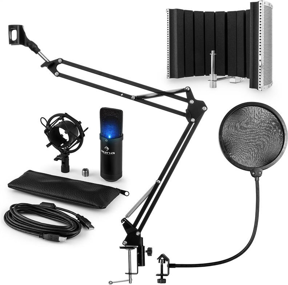 MIC-900B-LED USB microfoonset V5 condensator plopbescherming microfoonscherm & arm - zwart