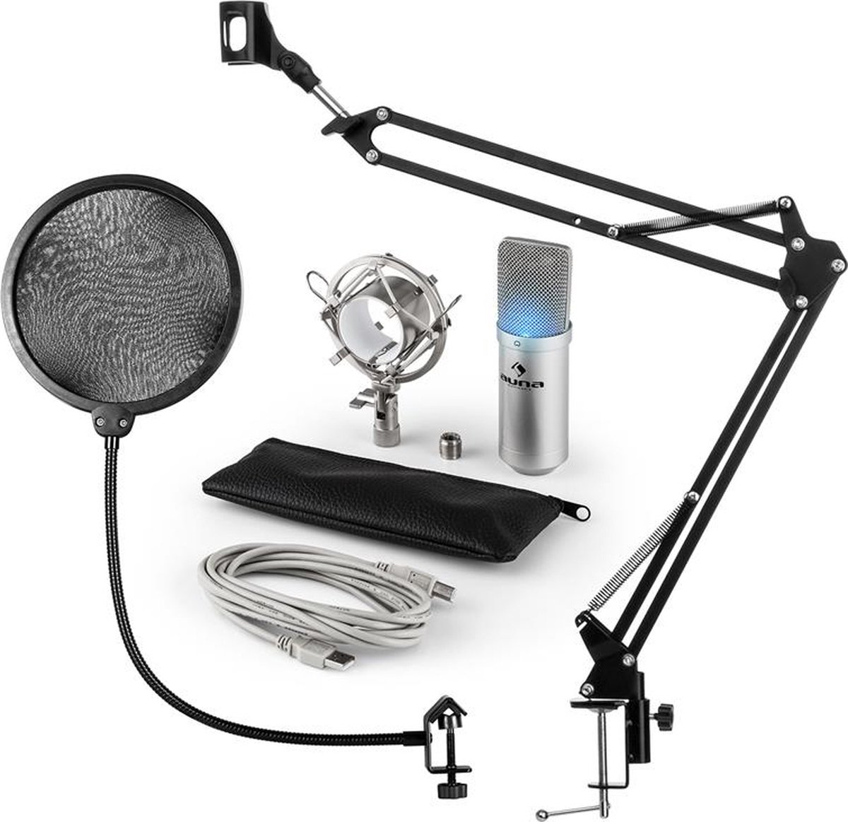 MIC-900S-LED USB microfoonset V4 condensatormicrofoon plopbescherming arm led - zilver