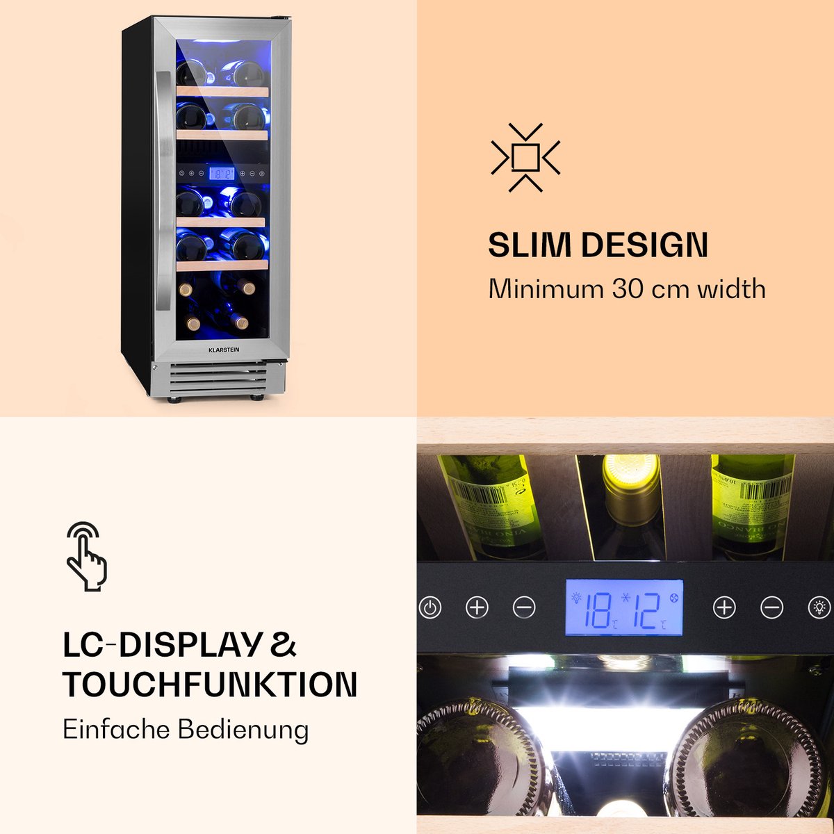 Klarstein Wijnkoeler Wijnkoelkast 2 Zones – 53L Drankenkoelkast Smal – Inbouw Wijnklimaatkast met Glazen Deur – Binnen/Buiten Gebruik – voor 17 Flessen - 29.5 cm - Vrijstaand - Wit - glas - Rood - Wijnkast - Wine Cooler - Wine Fridge – foto 7
